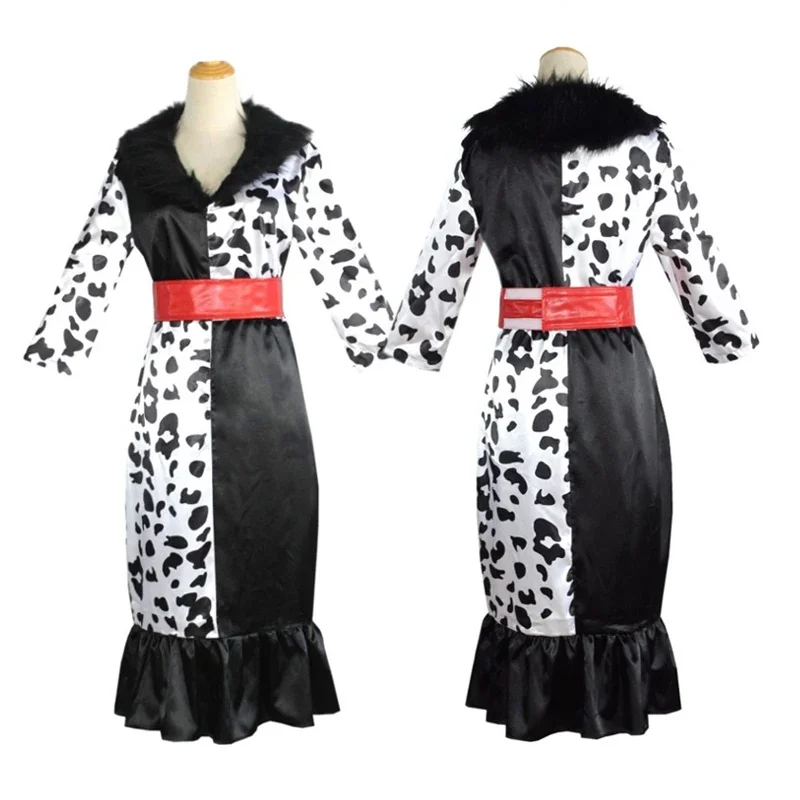 Meisjes Vrouwen Cruella Cosplay Volwassen Cruella De Vil Jurk Masker Ketting Dalmatische Kostuum Deville Jurk disfraz De Halloween