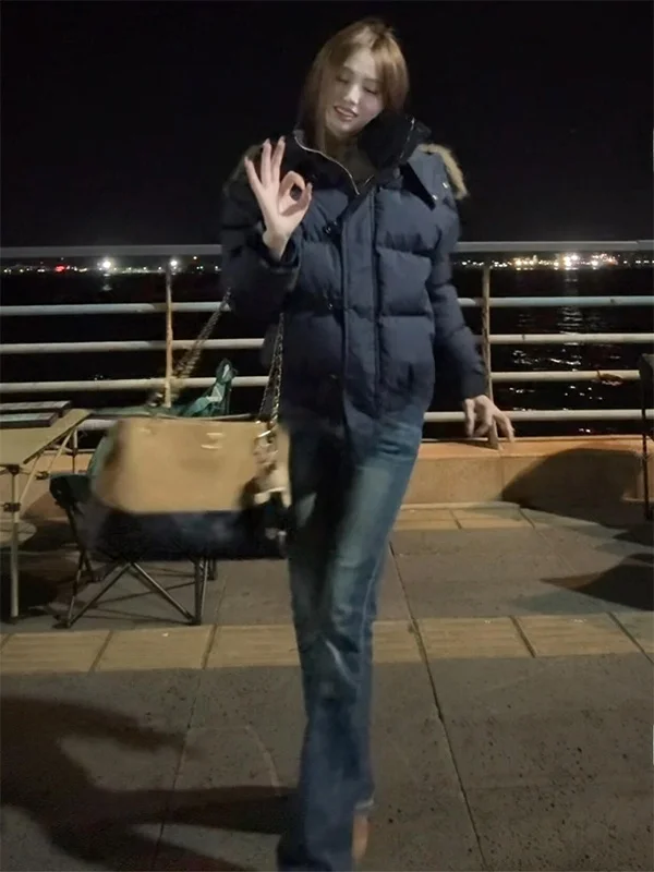 

Thickened Hooded Cotton Jacket Short Style Retro Large Fur Collar Warmth Bread Style Trendy Women's Korean Version Straight Tube