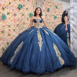 ANGELSBRIDEP Shiny Navy Blue Quinceanera Dresses Gold Lace Appliques Vestidos De 15 Anos Princess Cinderella Birthday Party