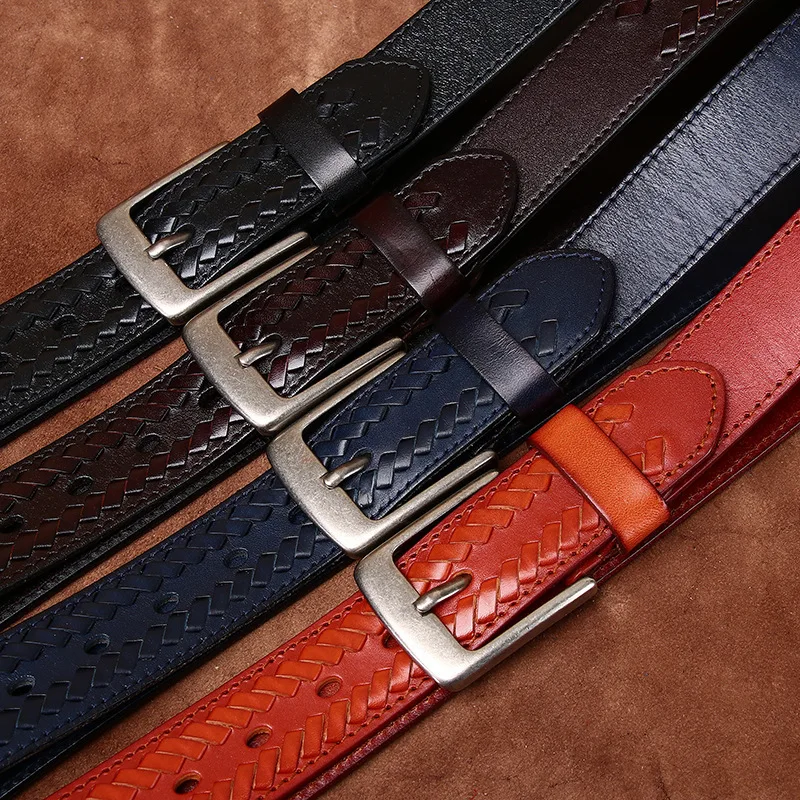 Men's Fashion Hand-woven Genuine Leather Belt Top Layer Cowhide Pin Buckle Trendy Pants Belt