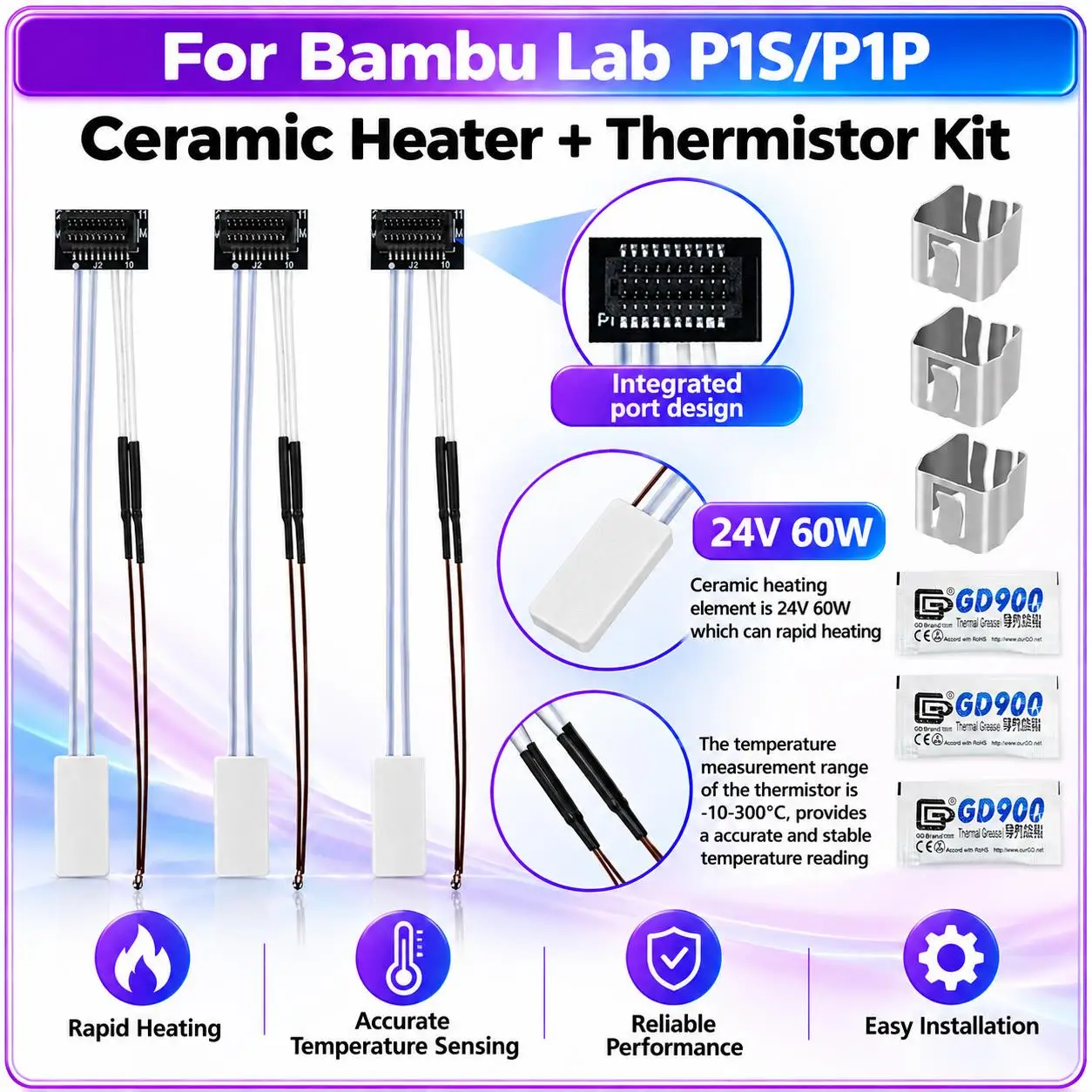 For Bambu Lab P1S P1P Thermistor Ceramic Heater 24V 60W Temperature Sensor Replacement Kit for Bambu Hotend 3D Printer Parts