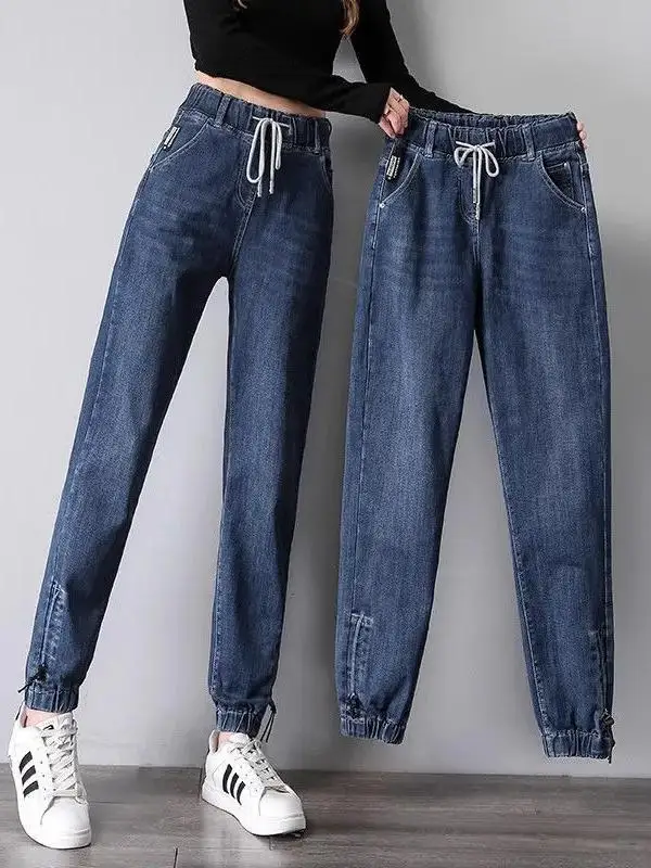

High Waist Elastic Waist Harlan Jeans Women's Autumn Wear Loose Casual Dad Long Pants Straight Leg Jeans Deep And Light Colors