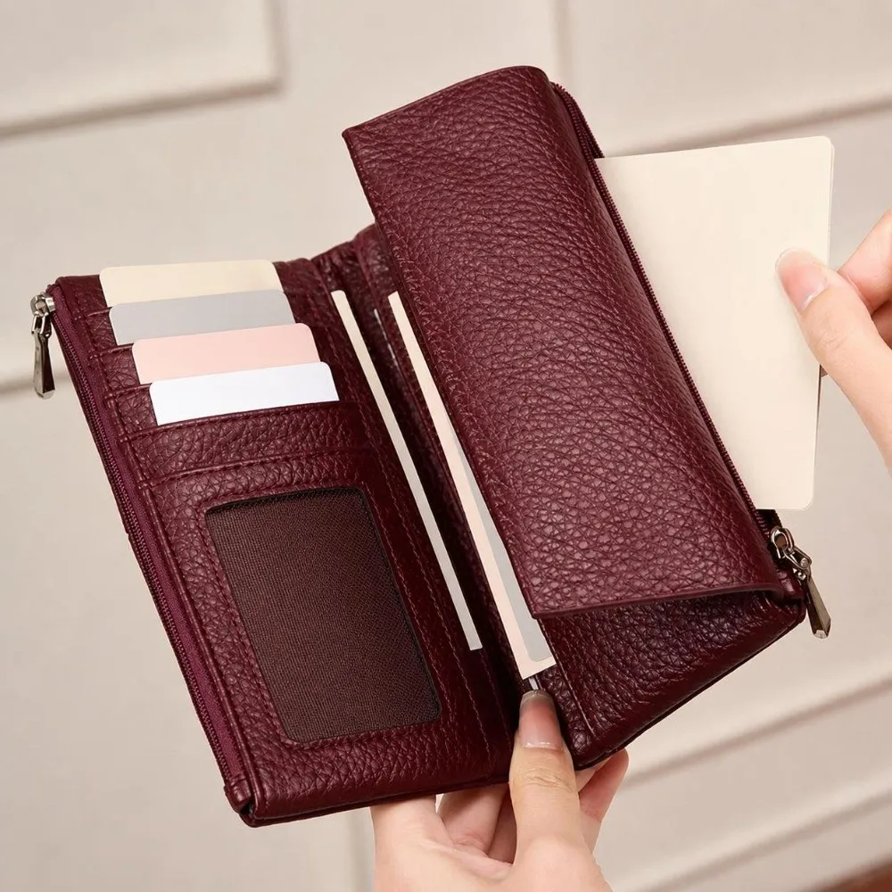 Multi-Functional Long Women's Wallet RFID Blocking Portable PU Leather Clutch Multi-Pocket Tri-Fold Wallet For Women