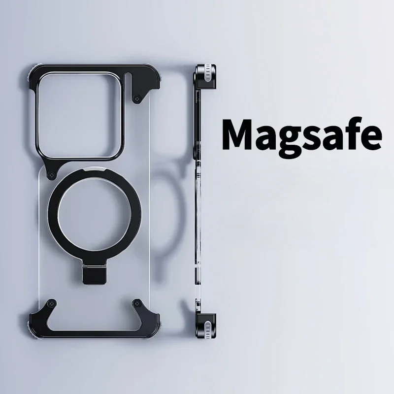 Oatsbasf Magnetic Frameless Phone Case Magsafe Bumper with Stand Phone Cover for Xiaomi 14/14 Pro Bazel-Less Phone Case