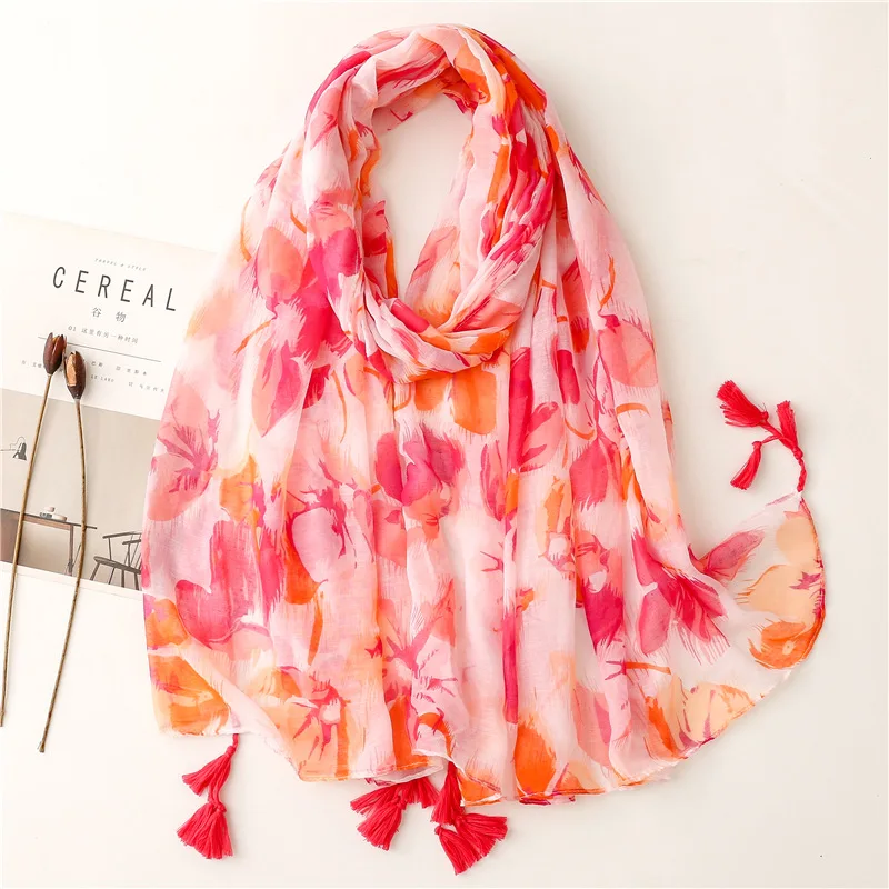 2024 Fashion Aztec Floral Thin Tassel Viscose Shawl Scarf Lady Print Soft Pashmina Stole Wrap Snood Bufandas Muslim Hijab Sjaal