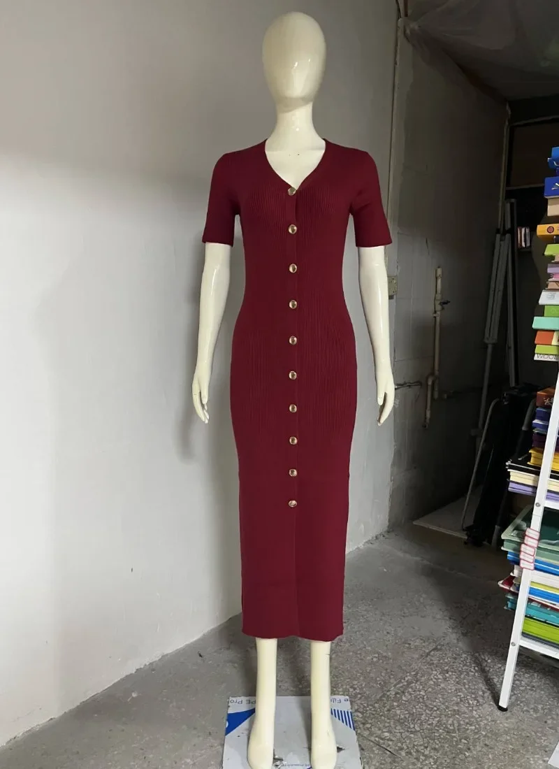 Sólido de malha bodycon maxi vestido feminino elegante sexy com decote em v manga curta único breasted magro casual streetwear longo rob e
