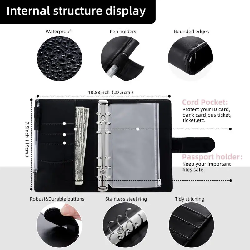 A6 PU-Leder Budget Binder Notebook Geldumschläge System Set mit Binder Taschen für Geld Budget Sparen Bill Organizer – Detail 8