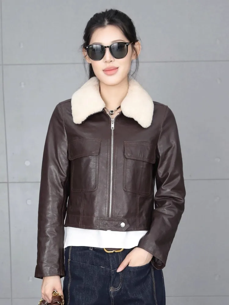 Winter Women Turn Down Collar Sheepskin Genuine Leather Slim Fit Jacket Fashion Warm Zipper Short Coat Ladies Designer Jackets