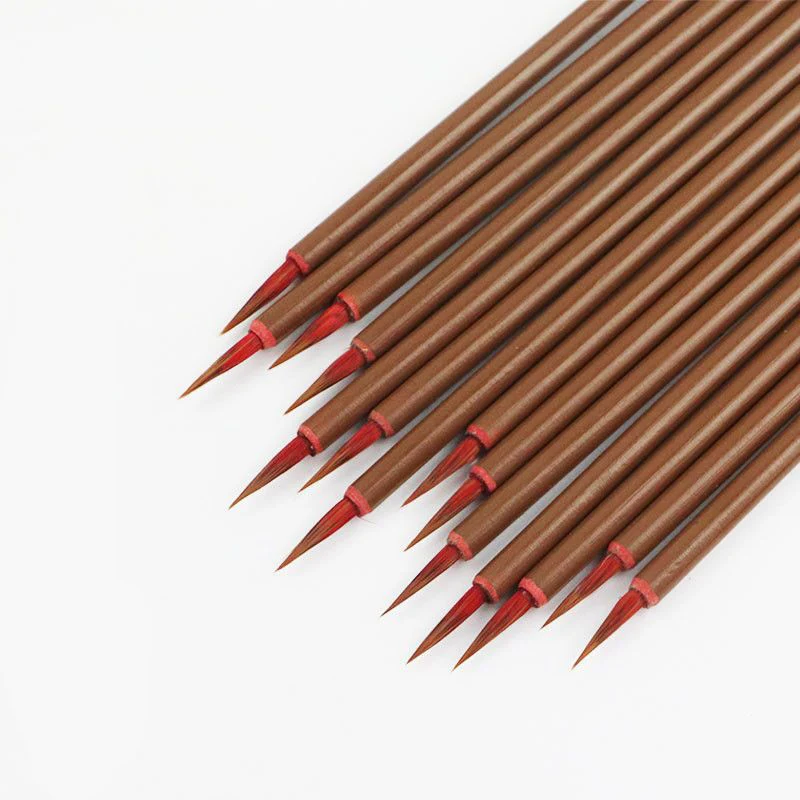 Brosse calligraphique professionnelle, 10 pièces, cheveux rouges, petite brosse d'écriture à écriture régulière, manche en bambou, cheveux de belette, stylo chinois Xiaokai