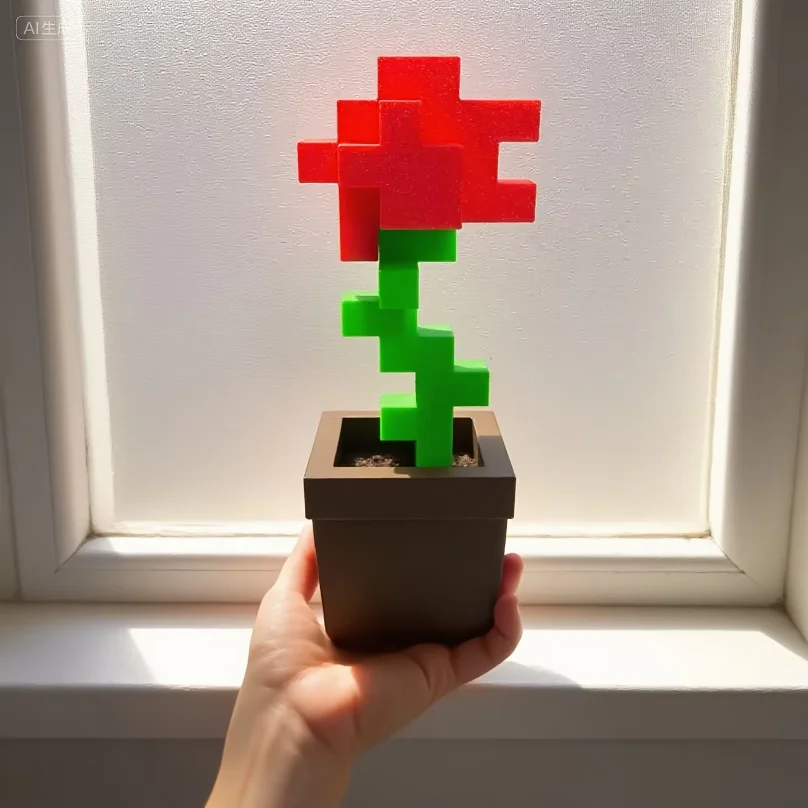 Desk Setup Plants - 1 Stück Pixel-Rosenblumen-Ornament, 3D-Gedruckte Einzigartige Blumendekoration,