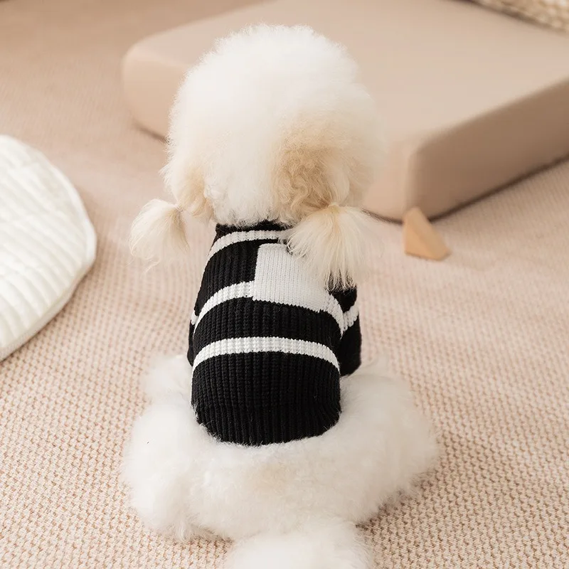 

Black Pet Sweater Autumn and Winter Puppy Warm Clothing Teddy Striped Knit Sweater Bichon Frise Casual Clothes