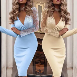 Sexy Deep V Neck Bodycon Midi Dress Women Autumn Spring Long Sleeve Lace Elegant Office Pencil Dresses For Women Robe Femme