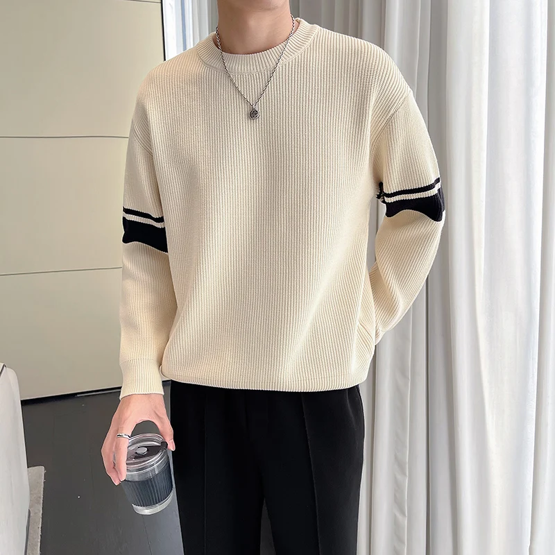 

Мужской зимний повседневный свитер свободного кроя с круглым вырезом, вязаный, с цветными блоками, универсальный, с длинными рукавами, удобный, для ношения в качестве базового слоя