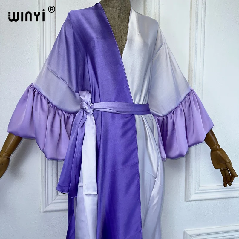 WINYI stopniowy nadruk sukienka z paskiem kobiety eleganckie letnie wakacje kardigan z rękawami bąbelkowymi odzież plażowa strój kąpielowy narzutka kimono