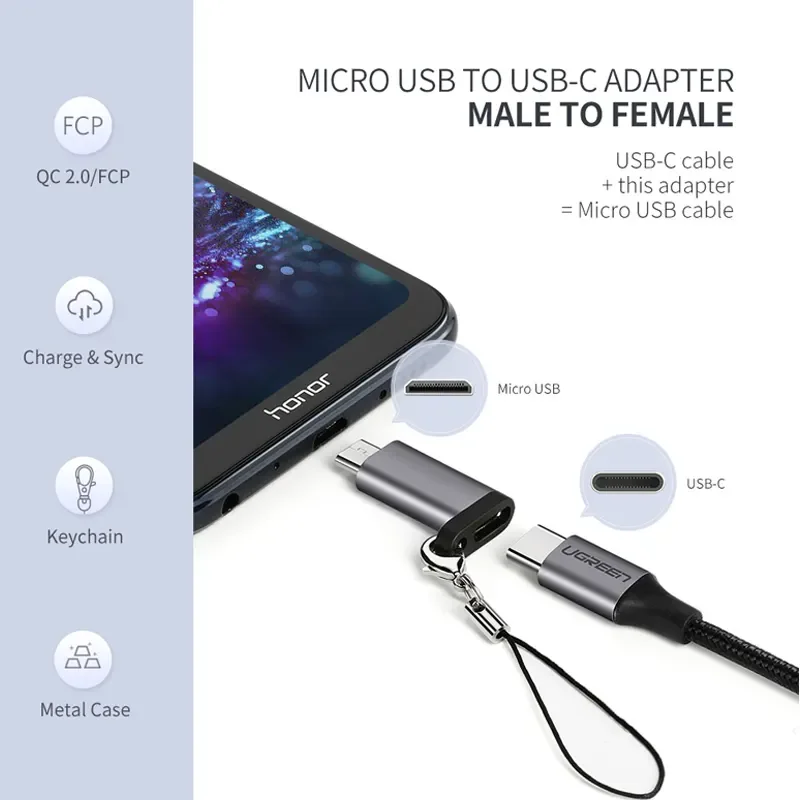 UGREEN Adaptador Micro USB a USB-C Tipo C Hembra a Micro USB Macho Convertir Conector Compatible con Carga y Sincronización de Datos