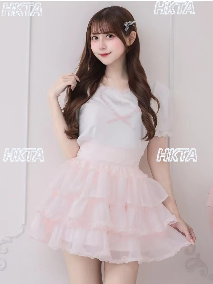 

Japanese Style Ballet Skirt Women Fashion Chiffon Elastic High Waist Cake Skirts Summer New Sweet Lolita Girls Short Mini Skirt