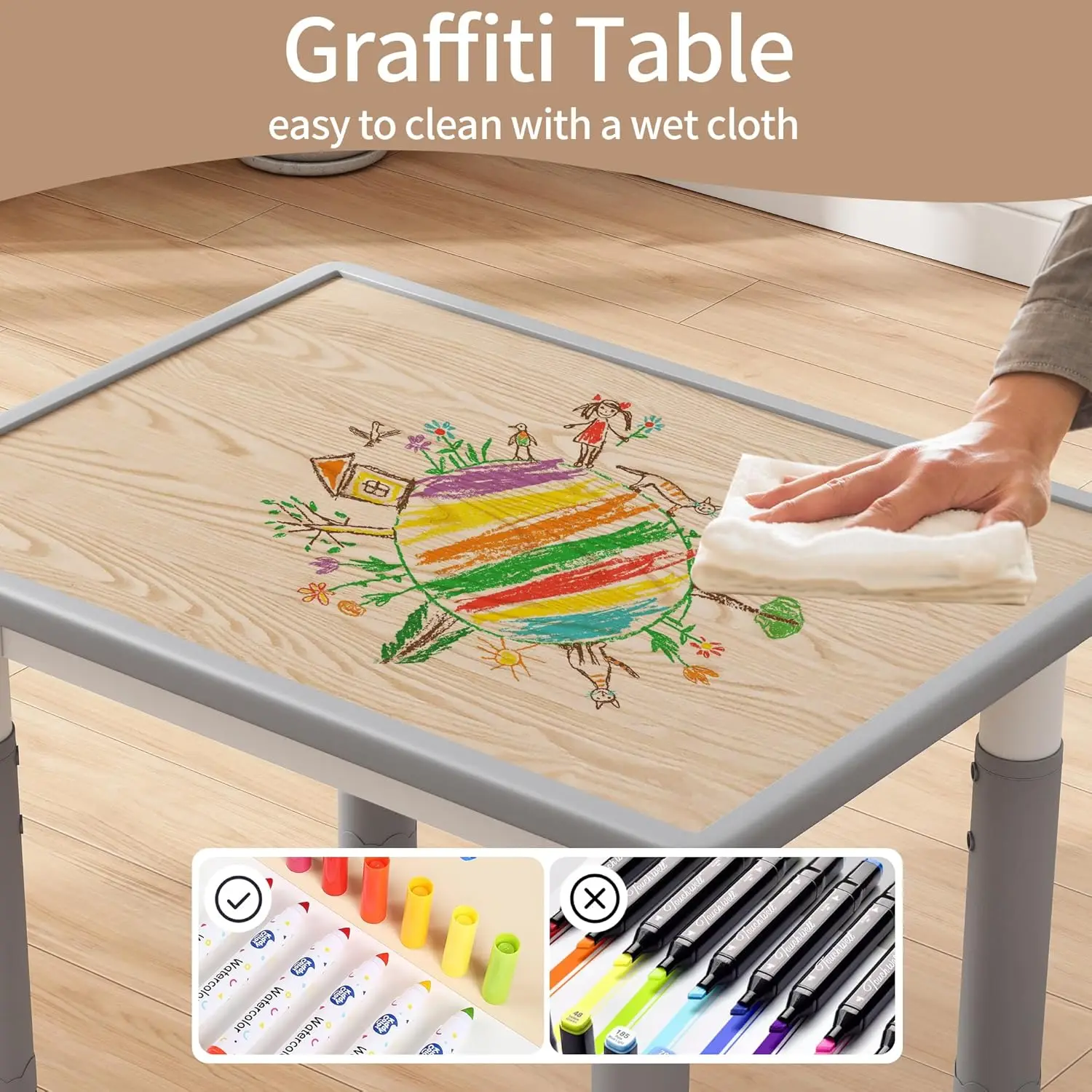 Ensemble table et chaise pour enfants, ensemble table et chaises pour tout-petits réglables en hauteur pour les 2 à 10 ans, 31,5''L x 23,6''W Table Graffiti avec 4