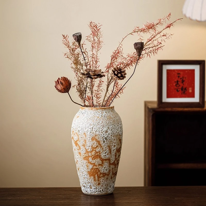 Chinese-Style Ceramic Vase, Rustic Bubble Glaze Pottery, Handmade Tabletop Flower Holder, Unique Shape, Smooth Lines