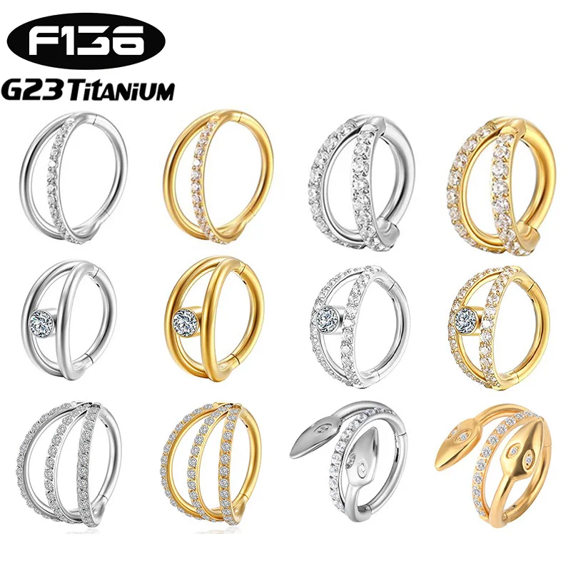 

1PC G23 Titanium Piercing Clicker Nose Ring Septum Double Layered Hinged Zircon Helix Conch Cartilage Earrings Piercing Jewelry