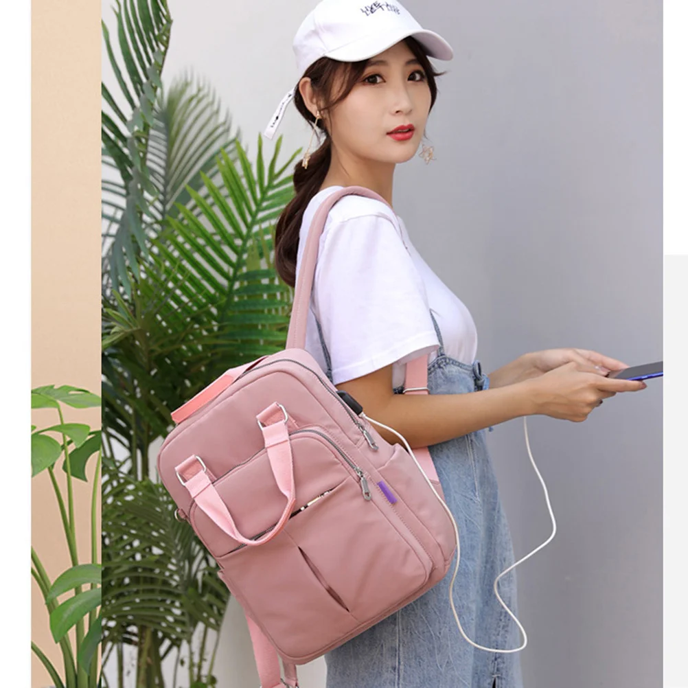 

Casual USB Charging Backpack High Capacity Lightweight Nylon Shoulder Bag for Men Women Travel Laptop Computer Bag Light Pink