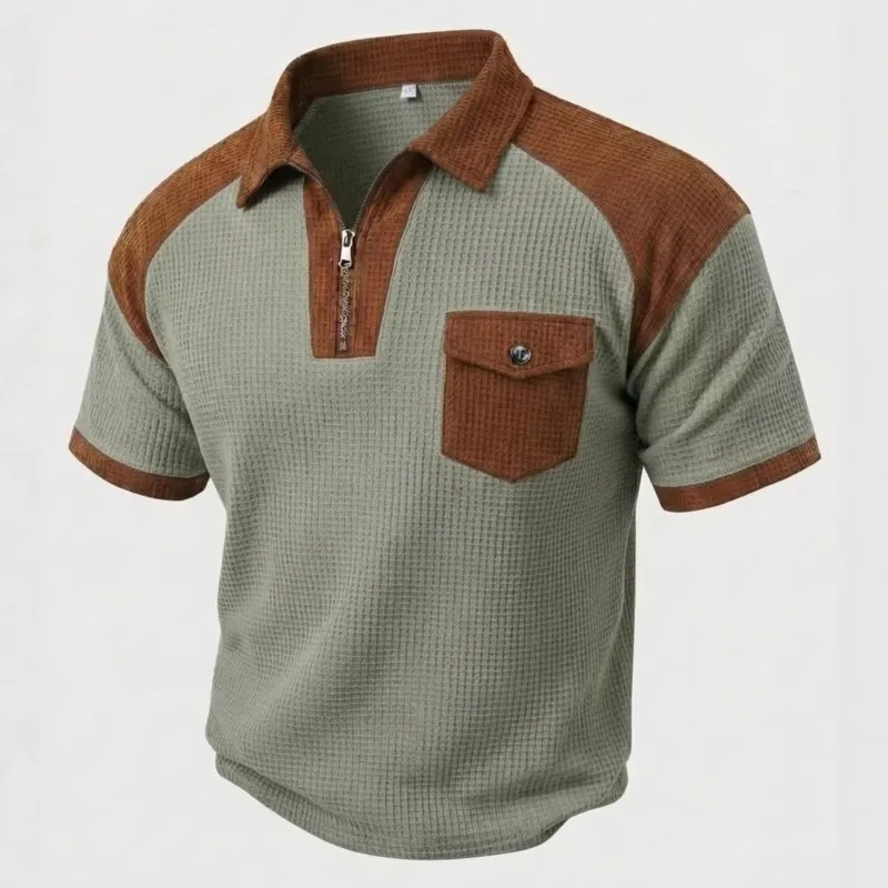 

2026 New Men's Short Sleeve T Shirt Grid lapel Polo Shirt with Pockets Breathable Loose Basic Shirts for Men Lightweight Tops