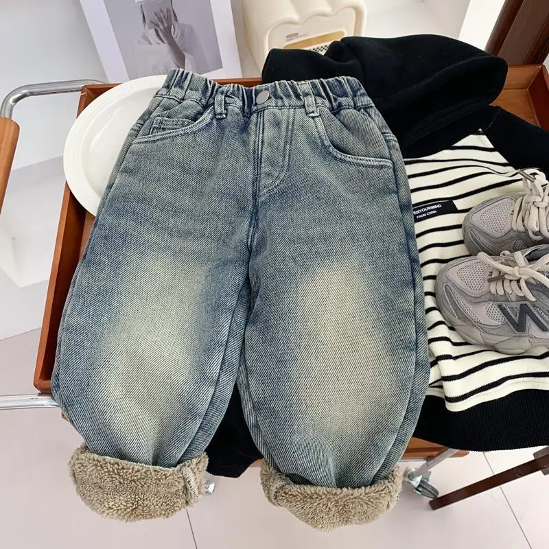 

Boys' Lamb Velvet Jeans Autumn and Winter Children's Thick Velvet Pants for Warmth Trousers