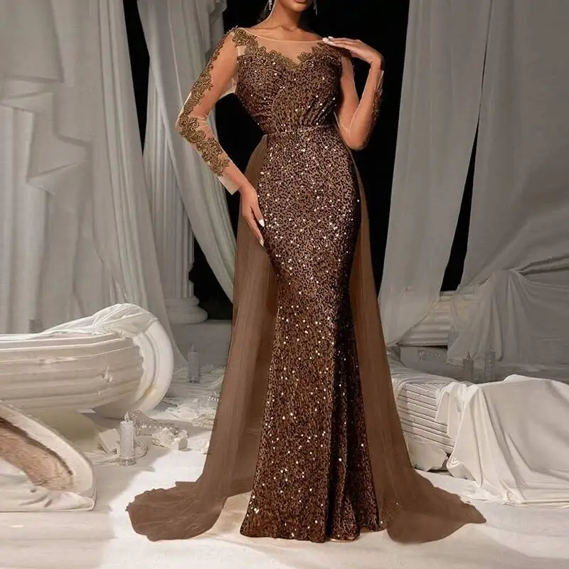 

Fashion Solid Color High Waist Glitter Dress Luxury Long Sleeve Slim Dress Elegant V-neck Lace Sequin Mesh Spliced Evening Dress