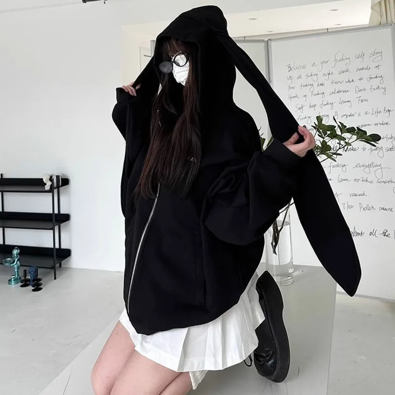 2024ฤดูใบไม้ร่วงKawaii Bunny Big ExtraหูHoodieแขนยาวHooded Sweatshirt Y2Kสไตล์แฟชั่นกระต่ายขนาดใหญ่Zip-Up Hoodies