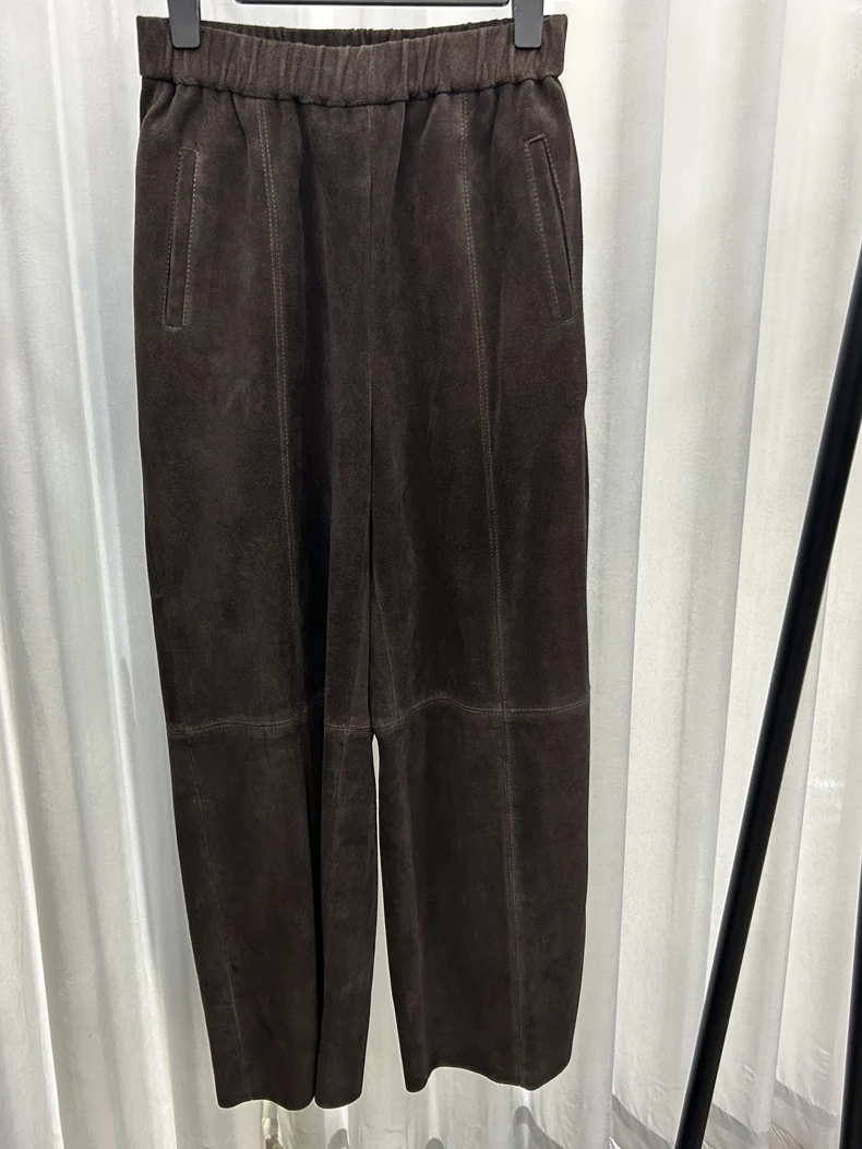 Retro 2025 Leather Ankle-Length Pants Women Elastic Waist Suede Sheepskin Wide Leg Length Straight Cylinder Trousers Black brown