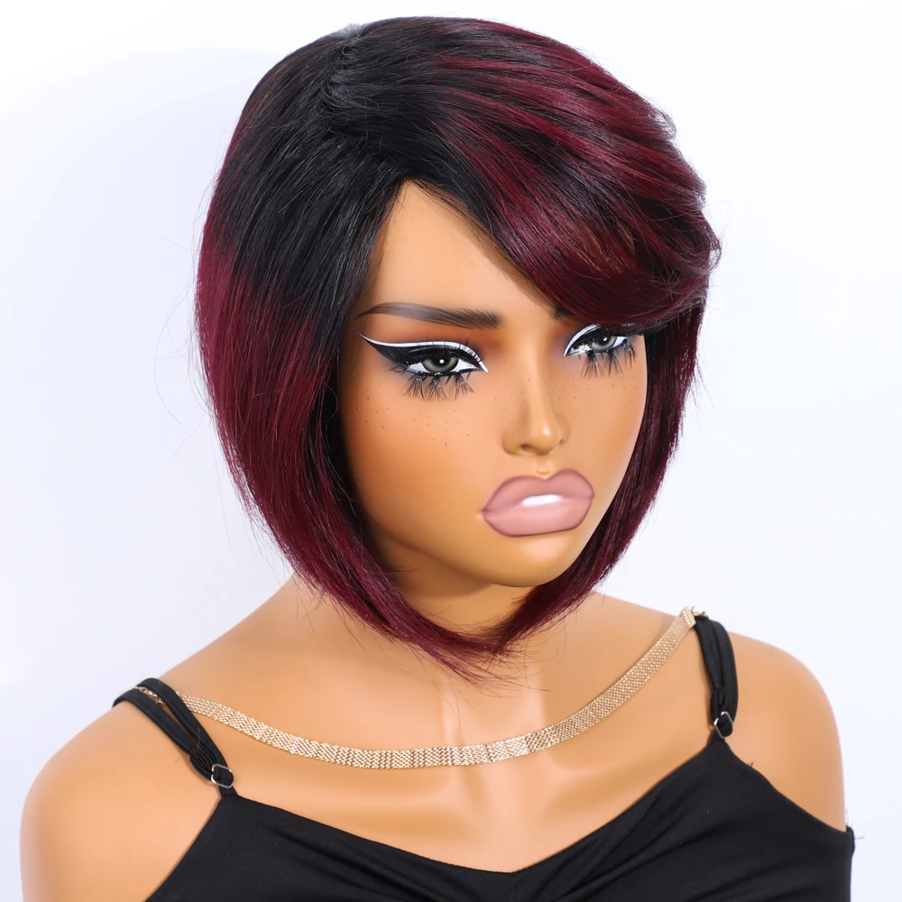 Burgundy Short Bob Wig With Bangs Wear to Go Bob Human Hair Wigs For Black Women Colored 99J Brown Brazilian Hair Wigs Allure image 4