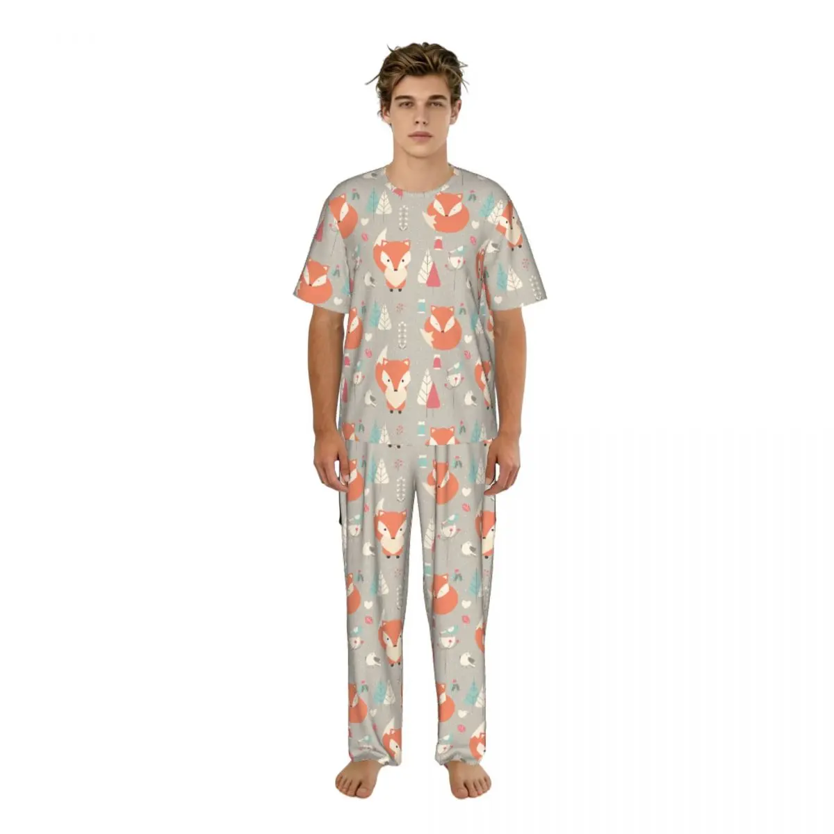 

Мужской комплект пижамы: летние топы с коротким рукавом + длинные брюки, домашняя одежда, костюм с рисунком лисы (2 шт.), одежда для сна