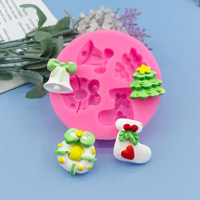 

Новая хит продаж, рождественская серия, рождественские носки, елочный колокольчик, силиконовая форма, форма для украшения торта, шоколада, выпечки, кондитерских изделий