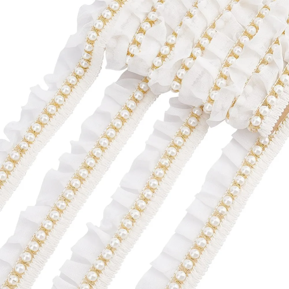 5 Yard Imitation Pearl Lace Ribbon Beaded Ruffle Lace Trim 1.2” Beaded Pearl Trimming Lace Ribbon Applique Pearl Fringe