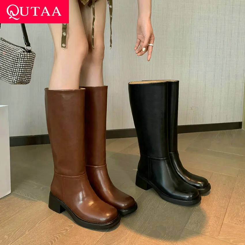 

QUTAA 2024 Women Knee High Boots Med Heels Round Toe Genuine Leather Shoes Woman Autumn Winter Casual Office Lady Size 34-39