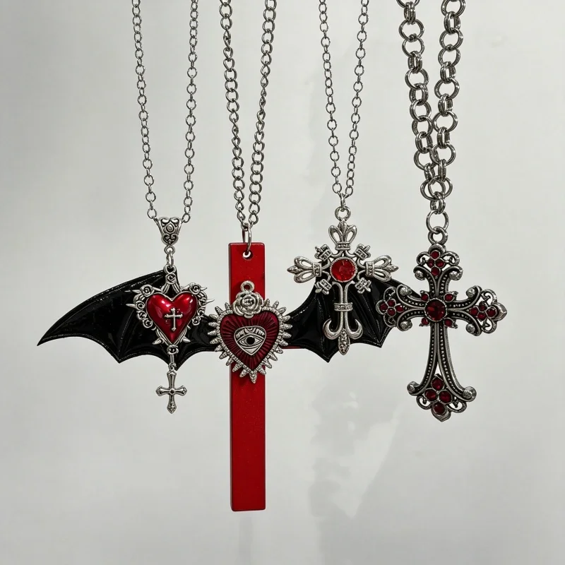 Dark Fantasy Style Bat Wing, Ornate Cross & Heart Pendant Necklace, Unisex for Daily Wear, Thanksgiving Christmas Jewelry Gift