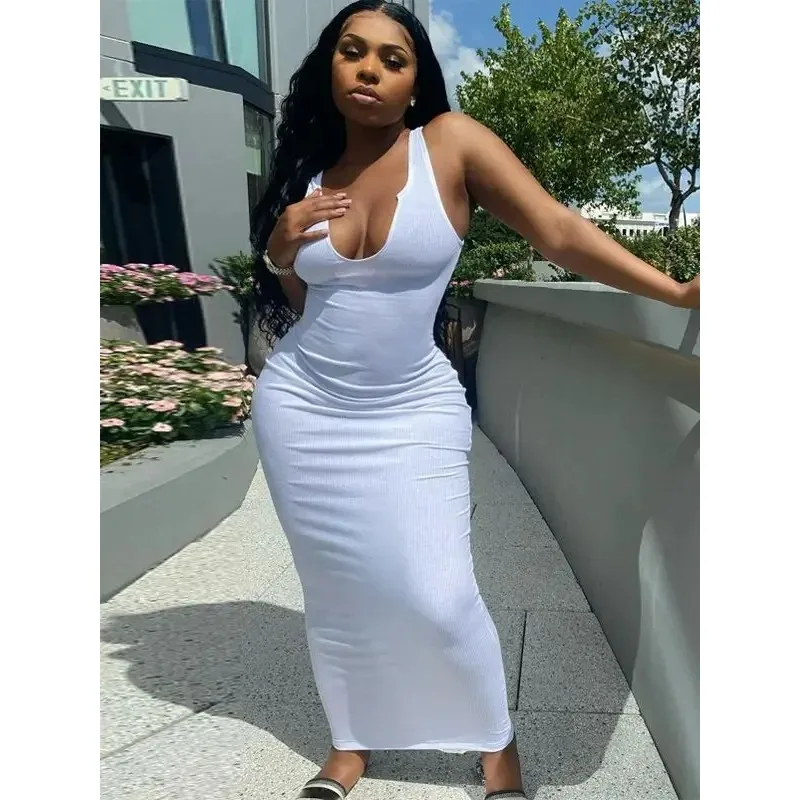 فستان نسائي مضلع محبوك مخطط بدون أكمام فستان ميدي برقبة على شكل V مثير ملابس خروج للحفلات والنوادي صيفي أنيق