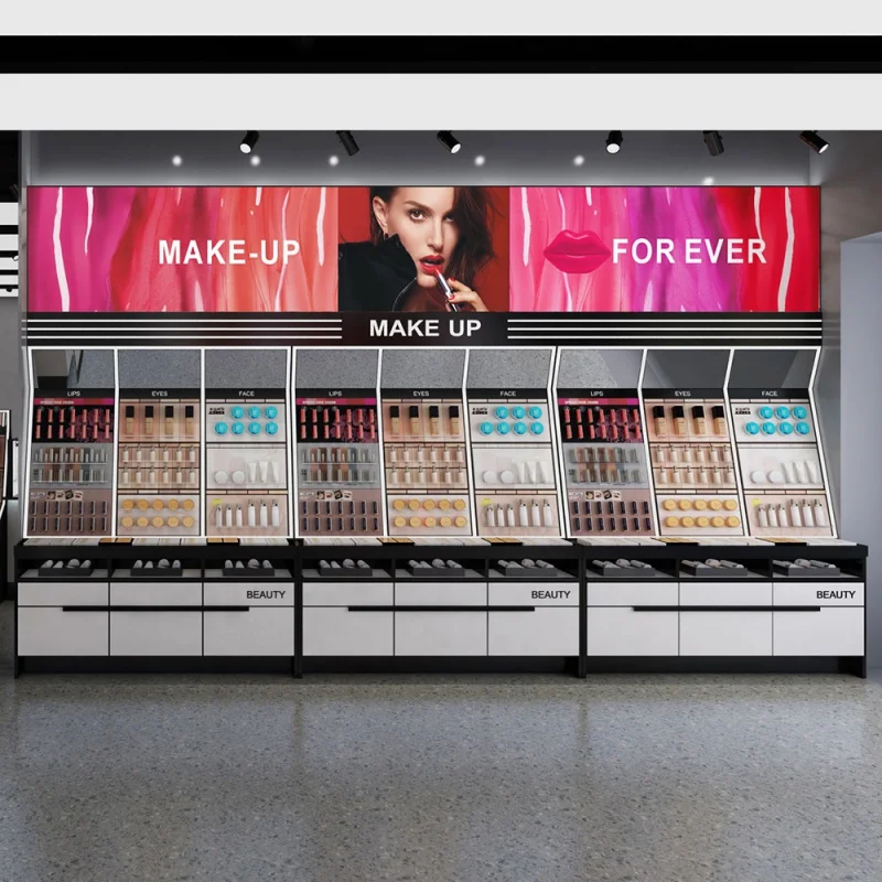 Meja Konter Toko Kosmetik Custom.Makeup Store dengan Rak Display Perawatan Kulit, Showcase Kios, Display Ritel Parfum & Kecantikan