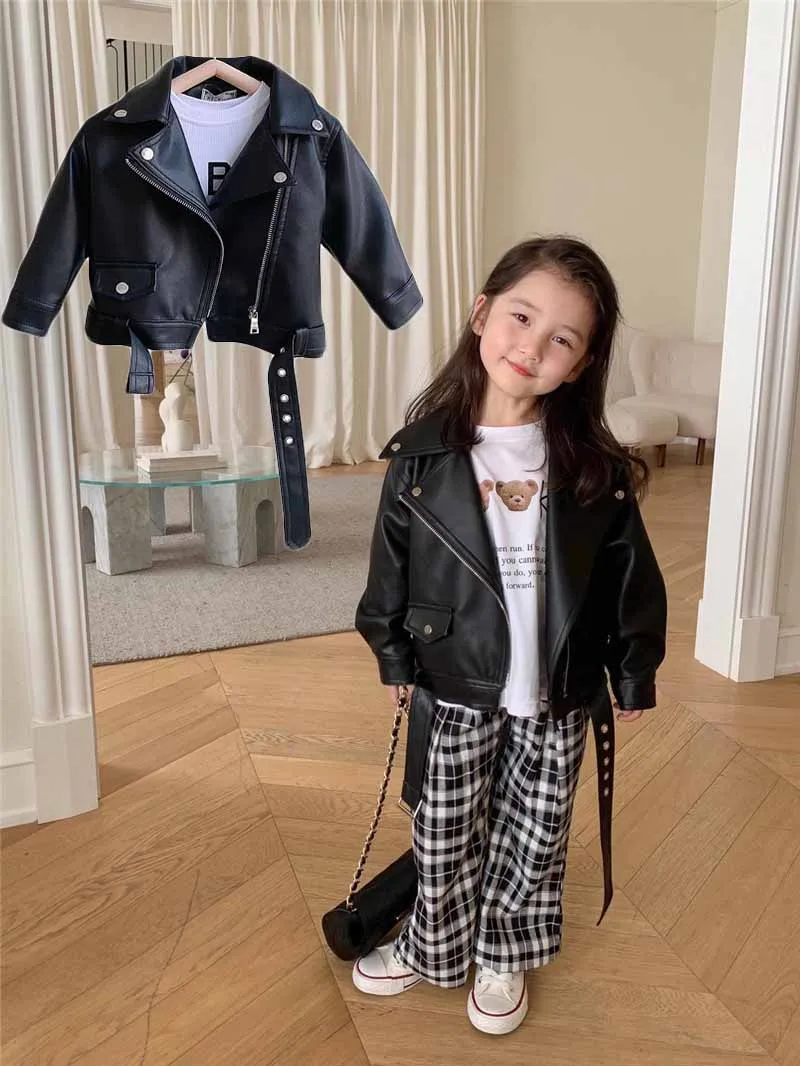 Spring PU Leather Jackets Autumn Kids Classics Handsome Outerwear Boys Girls Lapel Zipper Fly Coats Teen Casual Clothing 2-12Y