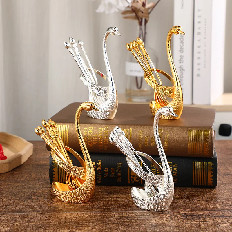 Swan Fruit Fork Storage Kitchen Fashion Creative Metal Craft Tableware Silver Swan Spoon Kit