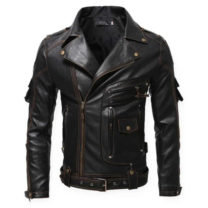 Men's Vintage Motorcycle Jacket Multi Zipper Biker Leather Jacket Lapel Collar Plus Size Punk Rock Stage Performance Coat