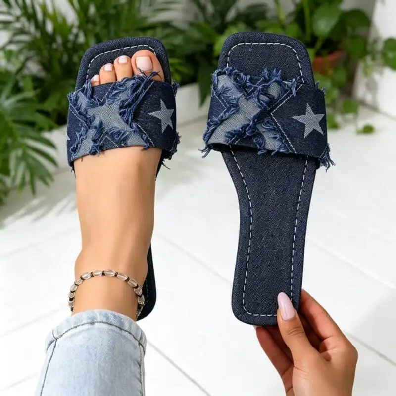 Y2K Denim Strap Flat Heel Sandals Women Summer 2026 Fashion Patchwork Star Pattern Square Toe Beach Slippers Lightweight Sandals view 2