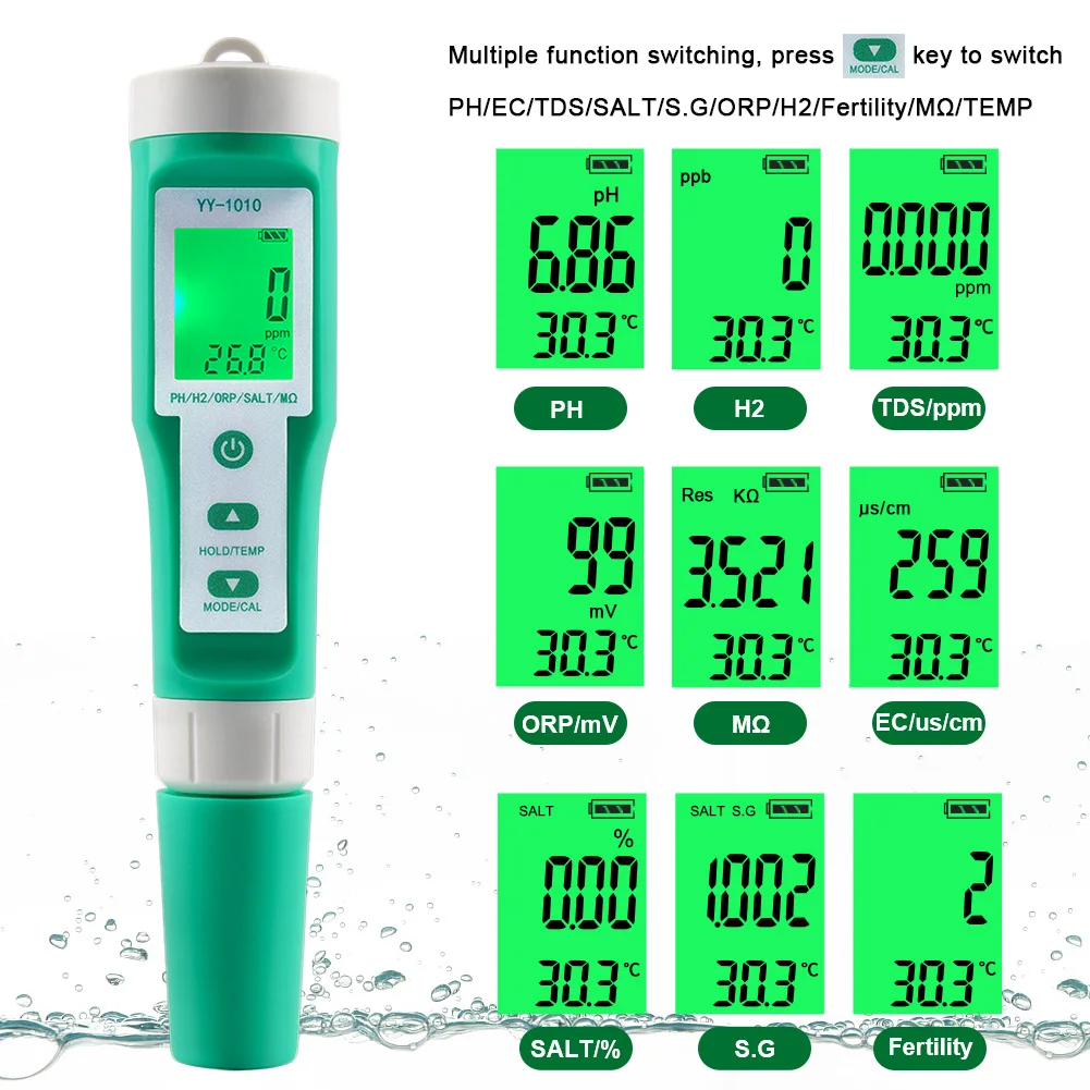 PH Meter Tds Tester Digital ORP EC Salinity H2 S.G Spa Aquarium Water Test Tool Solution Fertilizer Resistivity Test Instruments