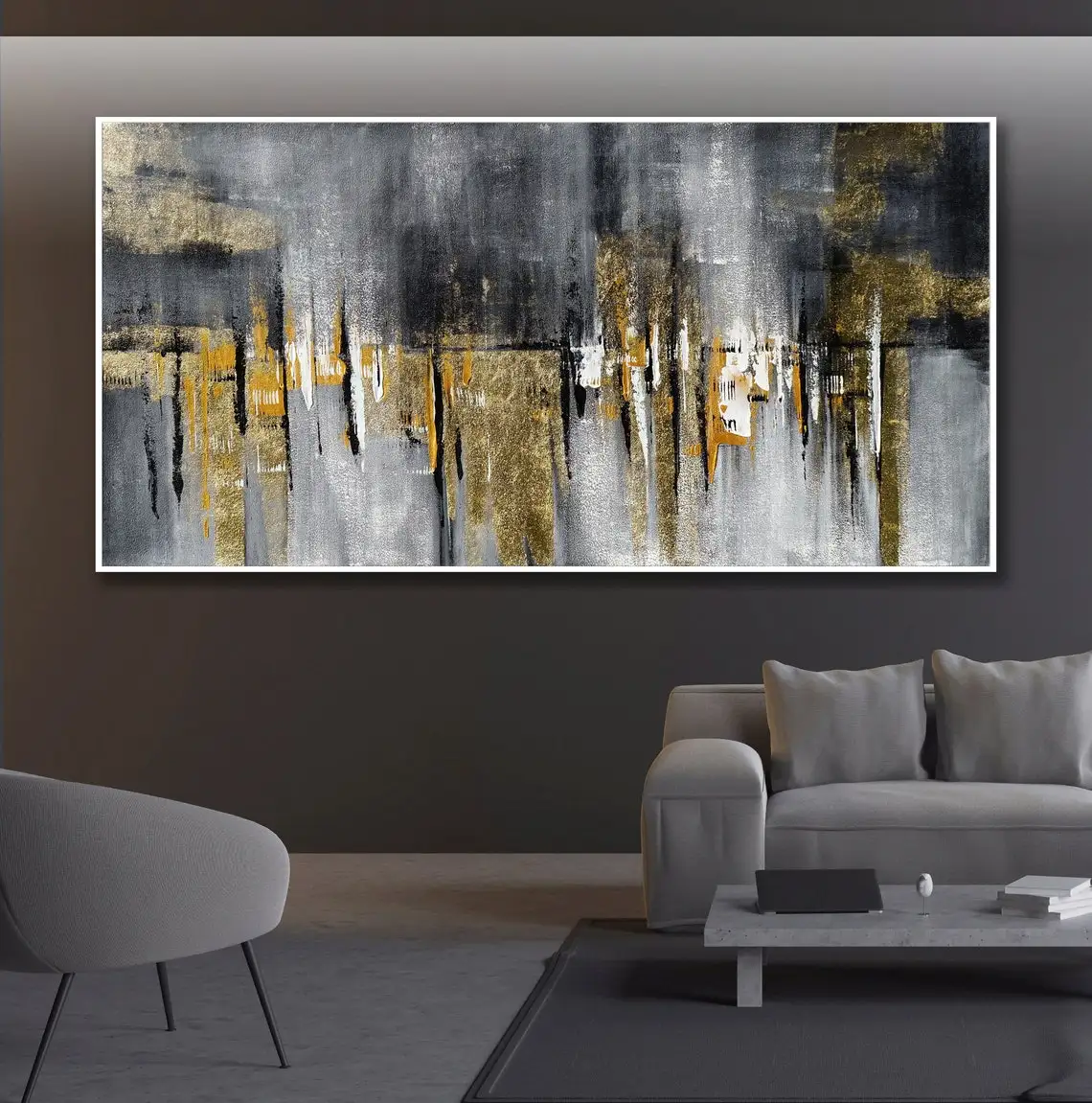 Abstract Acrylic Canvas Handmade Oil Painting Large Long Slim Panoramic Gold Leaf Black Abstract Wall Art For Bedroom Home Decor