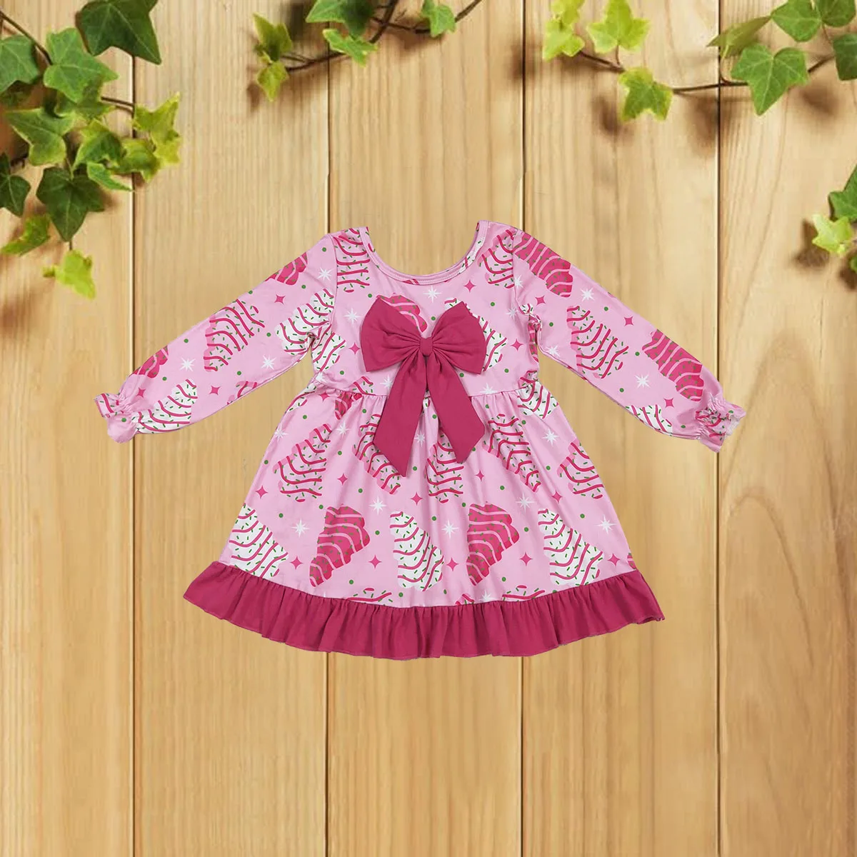 10.20 شجرة عيد الميلاد نمط الوردي كم طويل فستان الفتاة مع ارتفع الأحمر Bowknot الدانتيل تقليم ملابس عطلة الأطفال الأنيقة