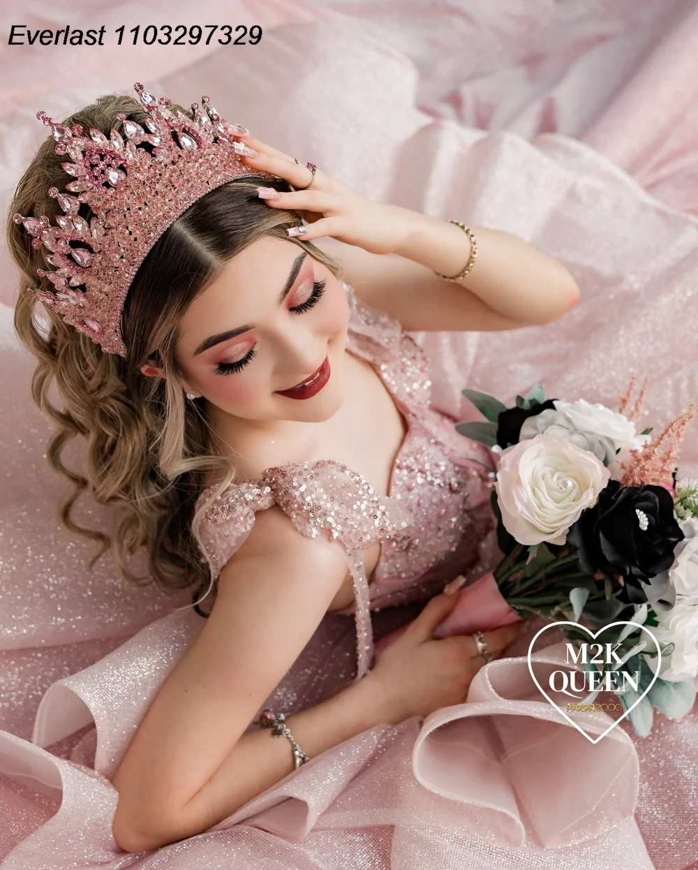 EVLAST Personalizzato Rosa Lucido Abito Quinceanera Abito di Sfera Applique In Rilievo di Cristallo A File Dolce 16 Vestido De 15 Anos TQD920