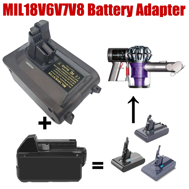 

Адаптер для аккумуляторов Milwaukee 18V, позволяющий использовать их с пылесосами Dyson V8, V7, V6 серии Animal, MIL18V6V7V8, 3-в-1.