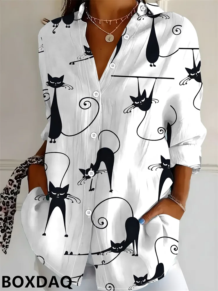 Autumn Women's Long Sleeve Blouse Cute Cat And Birds 3D Print Women Casual Tops Loose Crew Neck Pullover Lapel Button Shirts