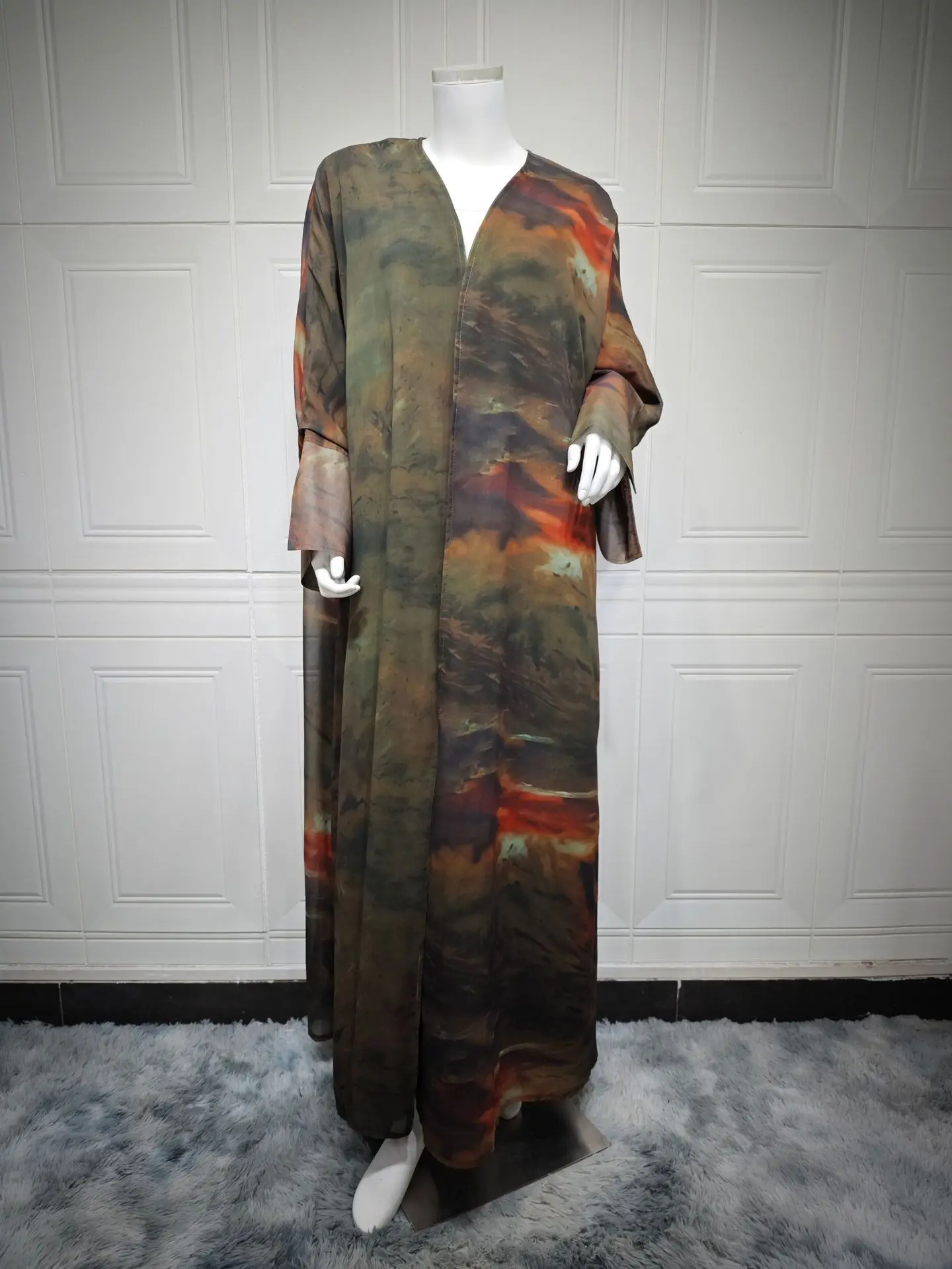 2025 Commercio all'ingrosso Dubai Abaya Caftano Turco Modesto Abaya Donne Abito musulmano Kimono Tie Dye Acquerello Chiffon Stampato Abaya