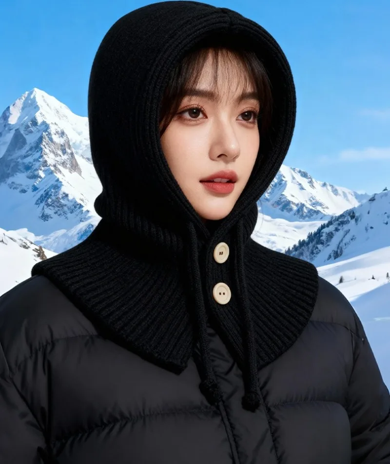 قبعة صوف دافئة قبعة رافا فضفاضة محيط الرأس الكبير محبوك قبعة هوديي وشاح متكامل ثنائي الغرض 2025 موضة الاتجاه