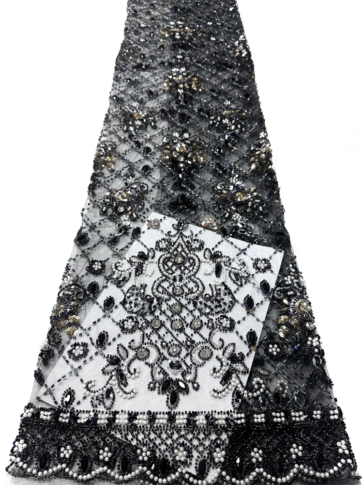 

2026 African Heavy Beaded Lace Fabric Bridal Material Fabric High Quality French Sequin Tulle Lace for Wedding Party Dress